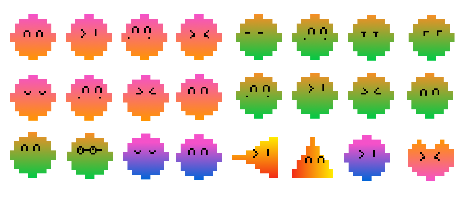Experiment 2 — final pixel character set with gradient bodies and eye details